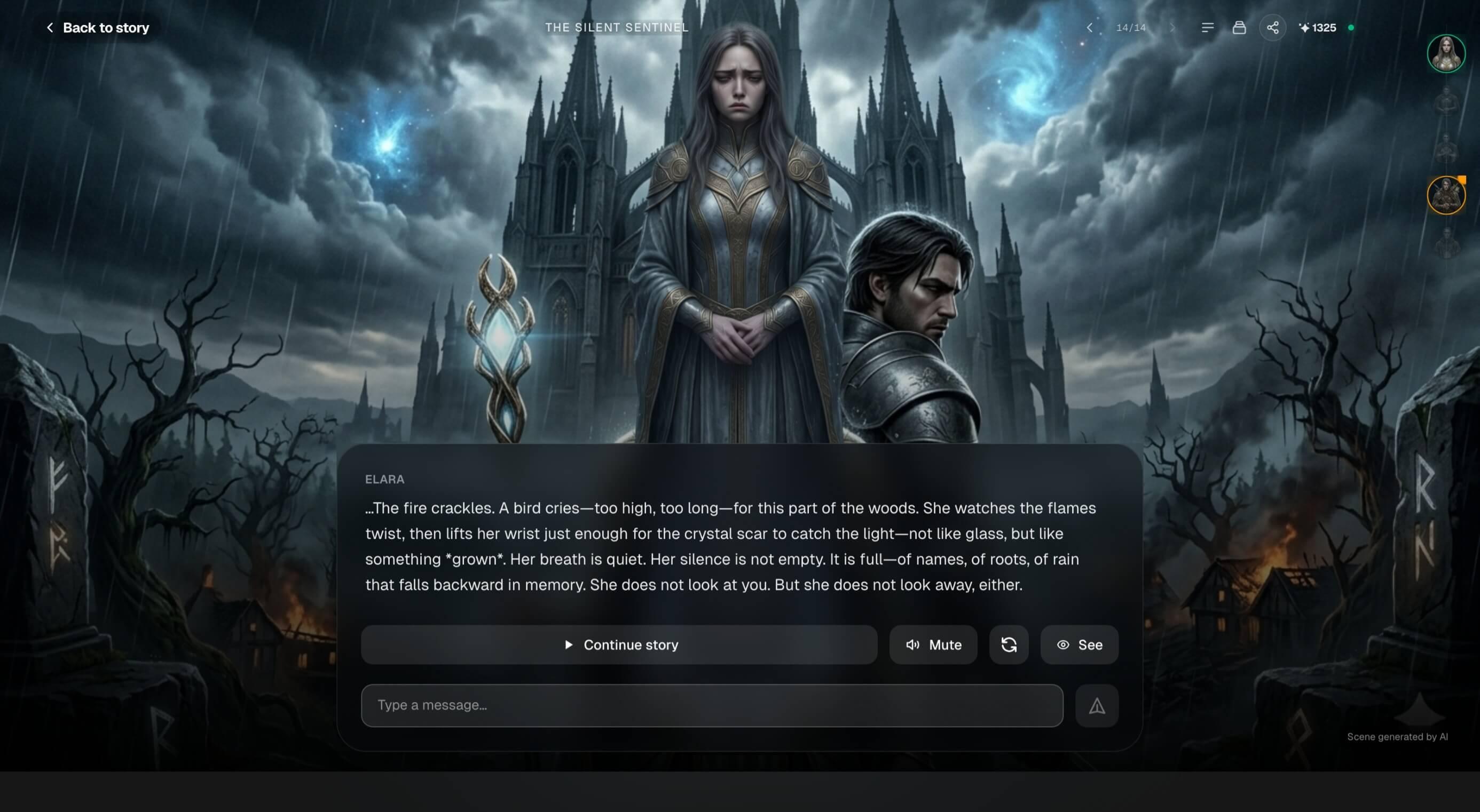 Characters drive the narrative; users speak freely or continue — not just reading.